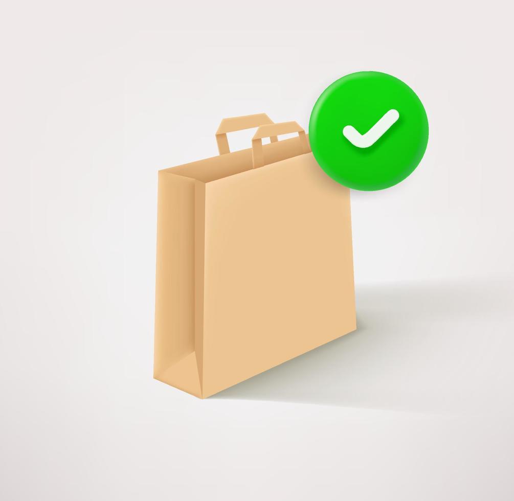icône de sac à provisions écologique en papier artisanal avec coche. icône de vecteur 3d