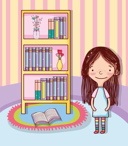 Fille avec des livres de dessins animés vecteur