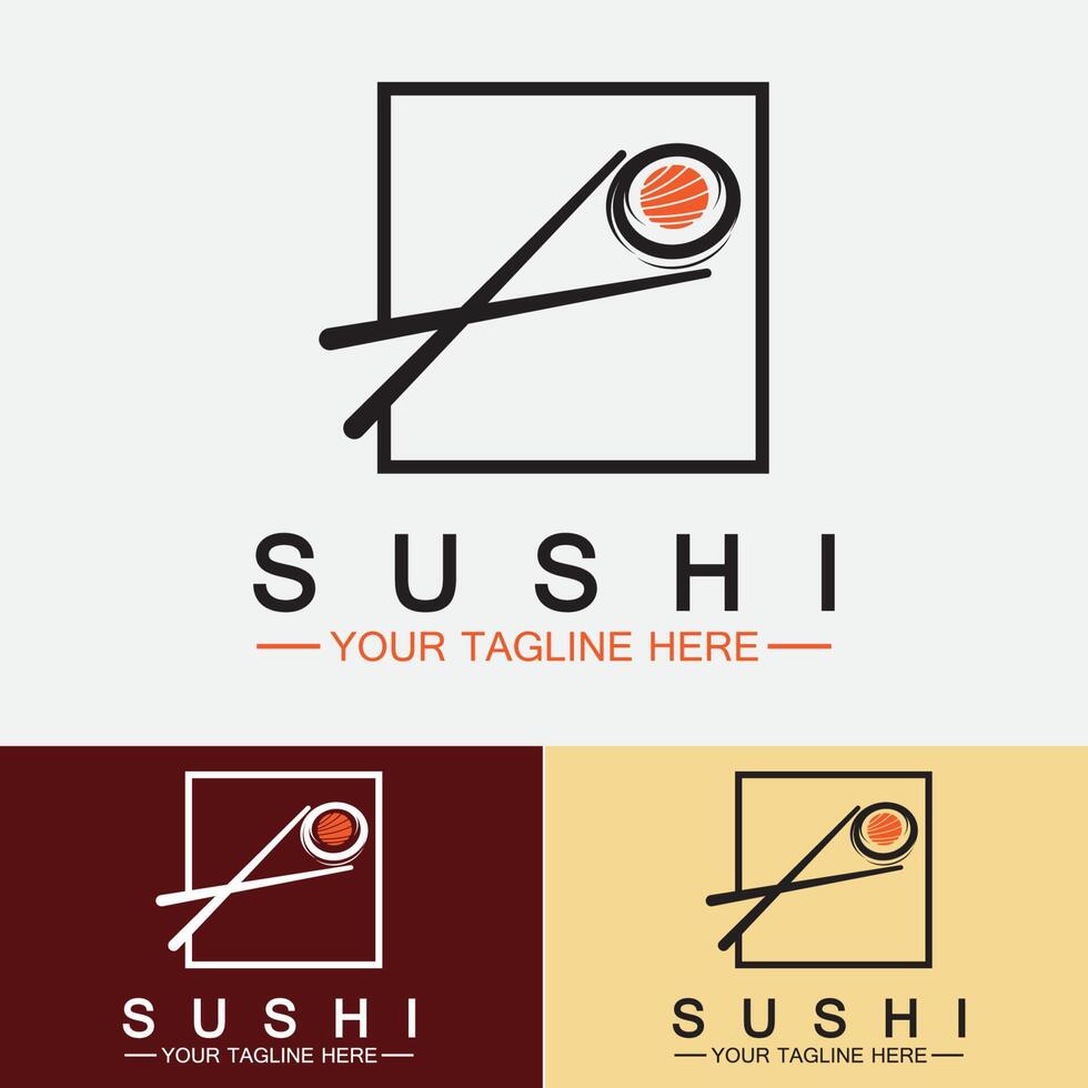 modèle de logo de sushi. barre d'illustration de style d'icône vectorielle ou boutique, sushi, rouleau de saumon, sushi et rouleaux avec barre de baguettes ou modèle de logo vectoriel de restaurant