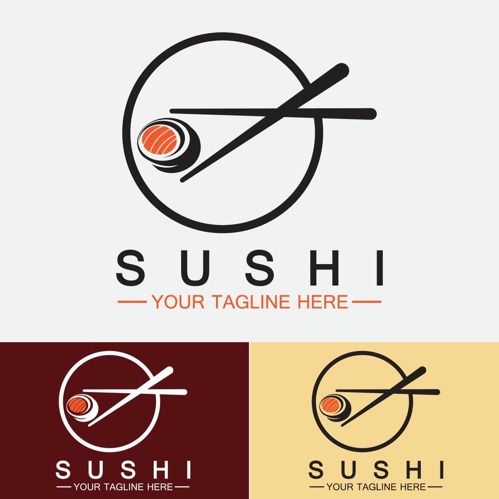 modèle de logo de sushi. barre d'illustration de style d'icône vectorielle ou boutique, sushi, rouleau de saumon, sushi et rouleaux avec modèle de logo vectoriel de barre de baguettes ou de restaurant