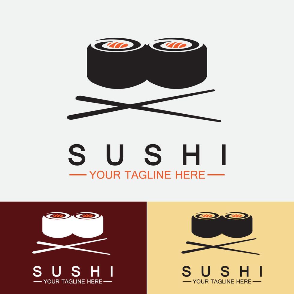 modèle de logo de sushi. barre d'illustration de style d'icône vectorielle ou boutique, sushi, rouleau de saumon, sushi et rouleaux avec modèle de logo vectoriel de barre de baguettes ou de restaurant