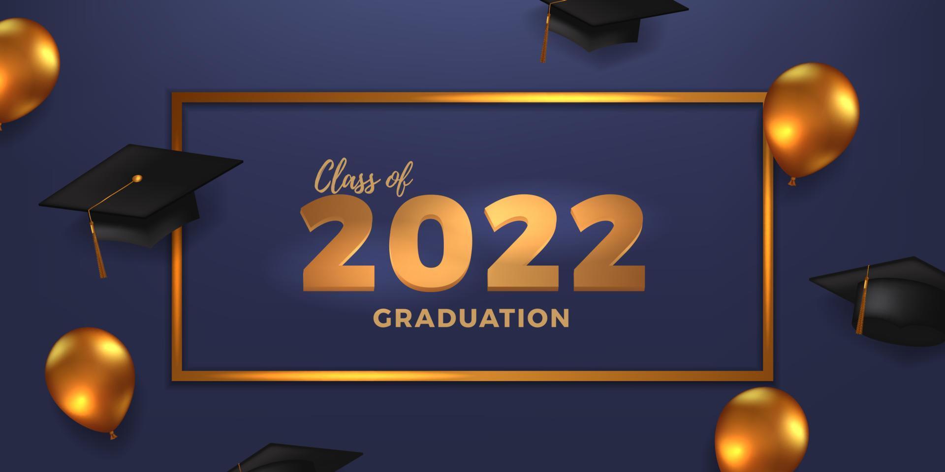 célébration de la fête de remise des diplômes de la classe 2022 avec chapeau de graduation et décoration de ballon doré sur fond bleu vecteur