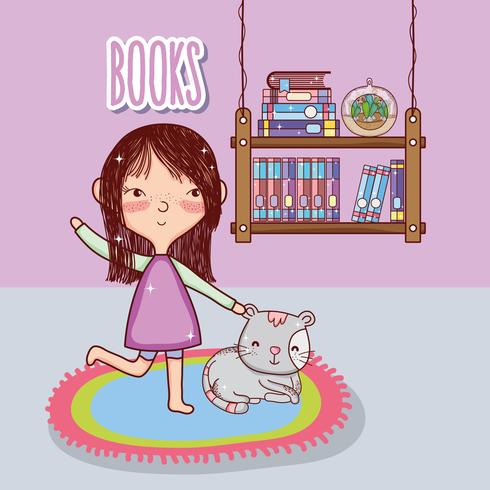 Fille avec des livres de dessins animés vecteur