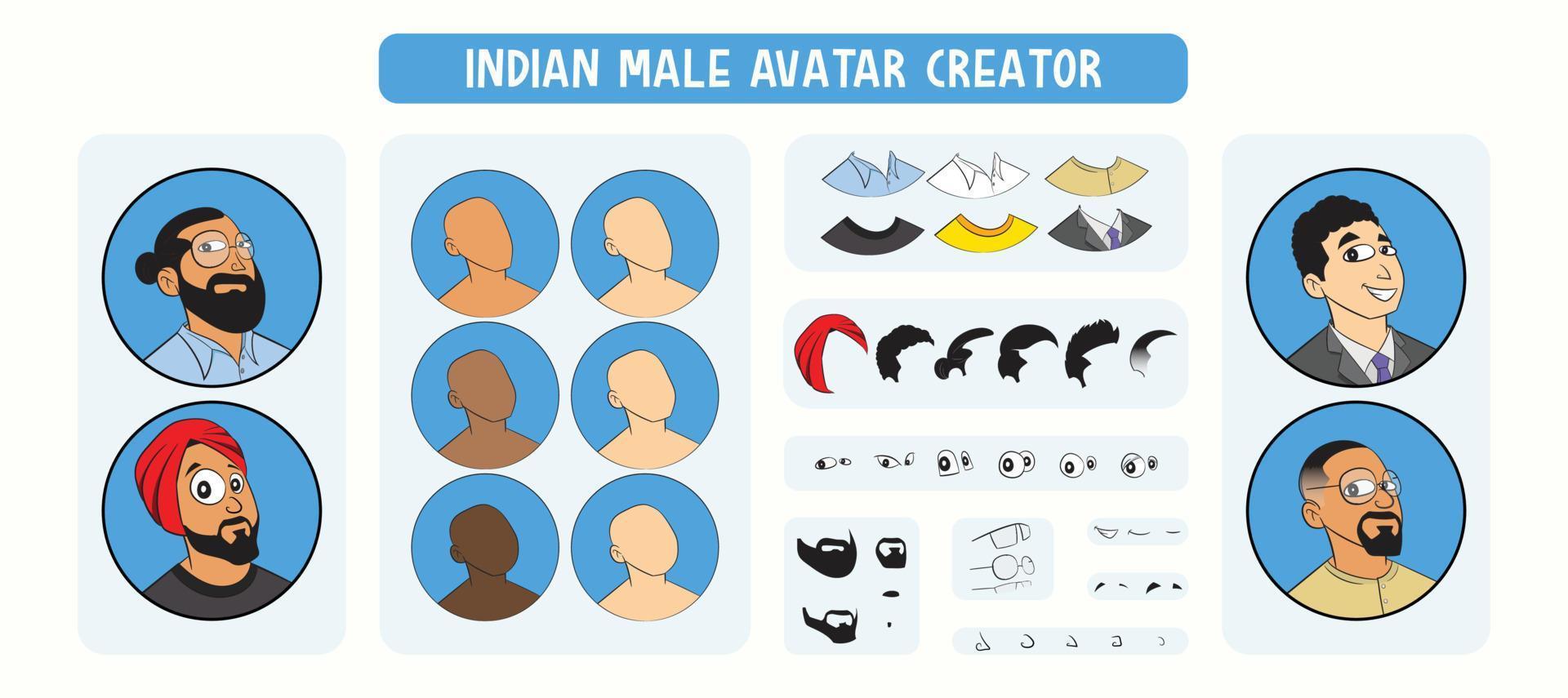Image de profil d'avatar masculin indien glisser-déposer kit de construction. ensemble de visages indiens avec différentes coiffures, y compris un turban et des expressions. kit de construction de visage bricolage pour personnage masculin indien. vecteur