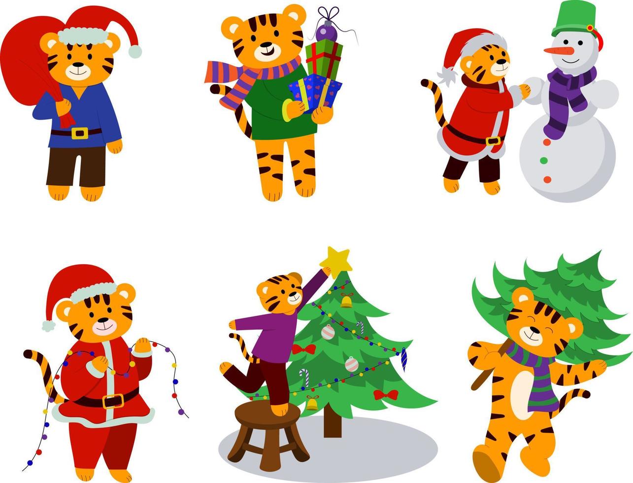 un ensemble d'illustrations de dessin animé d'un tigre dans le style du nouvel an avec des articles de noël dans leurs mains. vecteur