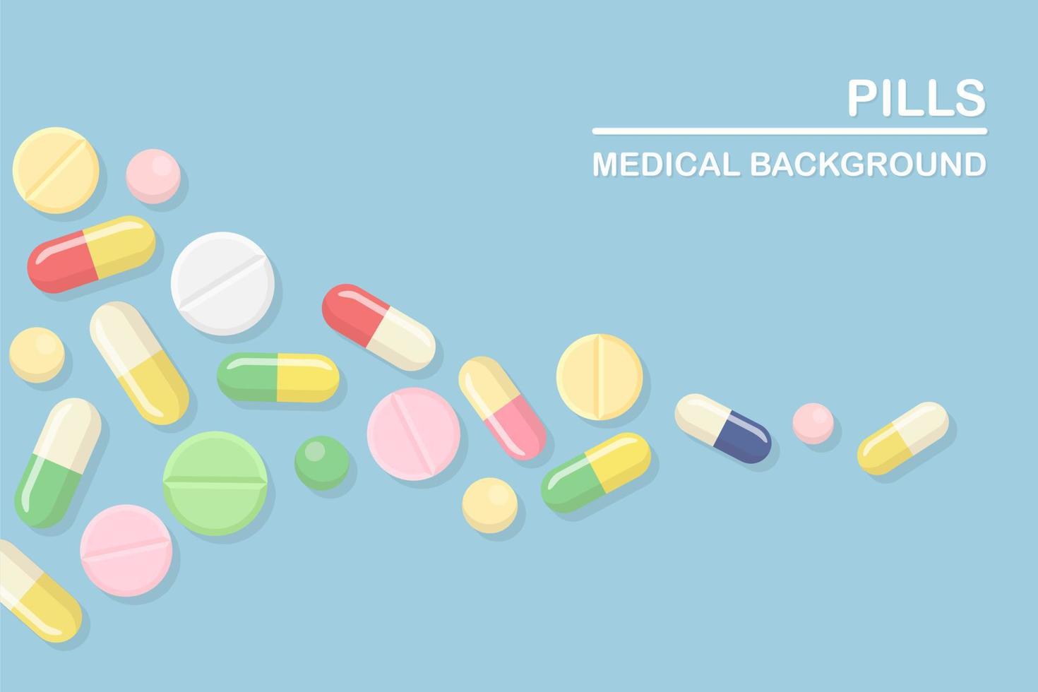 ensemble de pilules, médicaments, médicaments. comprimé analgésique, vitamine, antibiotiques pharmaceutiques. antécédents médicaux. conception de dessin animé de vecteur