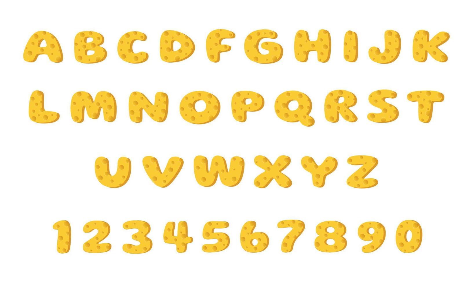 alphabet de fromage. lettres et chiffres. illustration vectorielle. vecteur