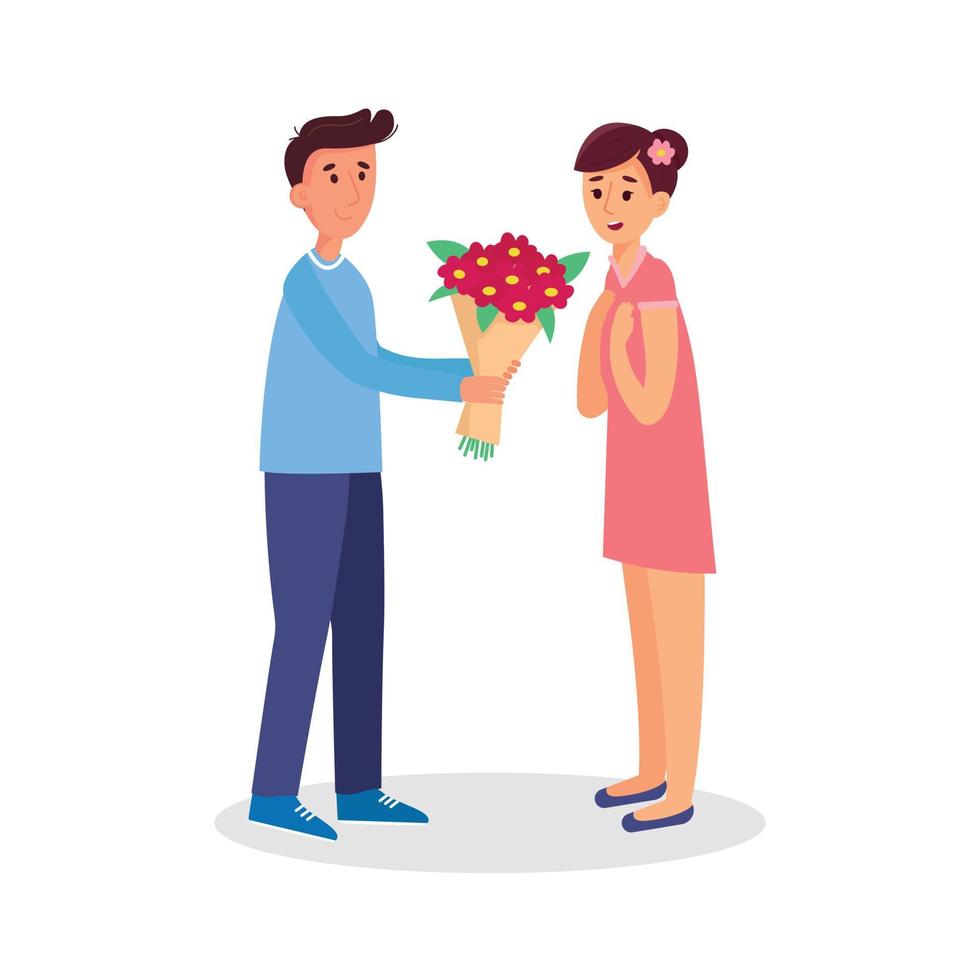 l'homme donne un bouquet de fleurs à un personnage féminin, un couple de personnes adorables. concept paire jour amoureux, date et heure mignonnes. vecteur