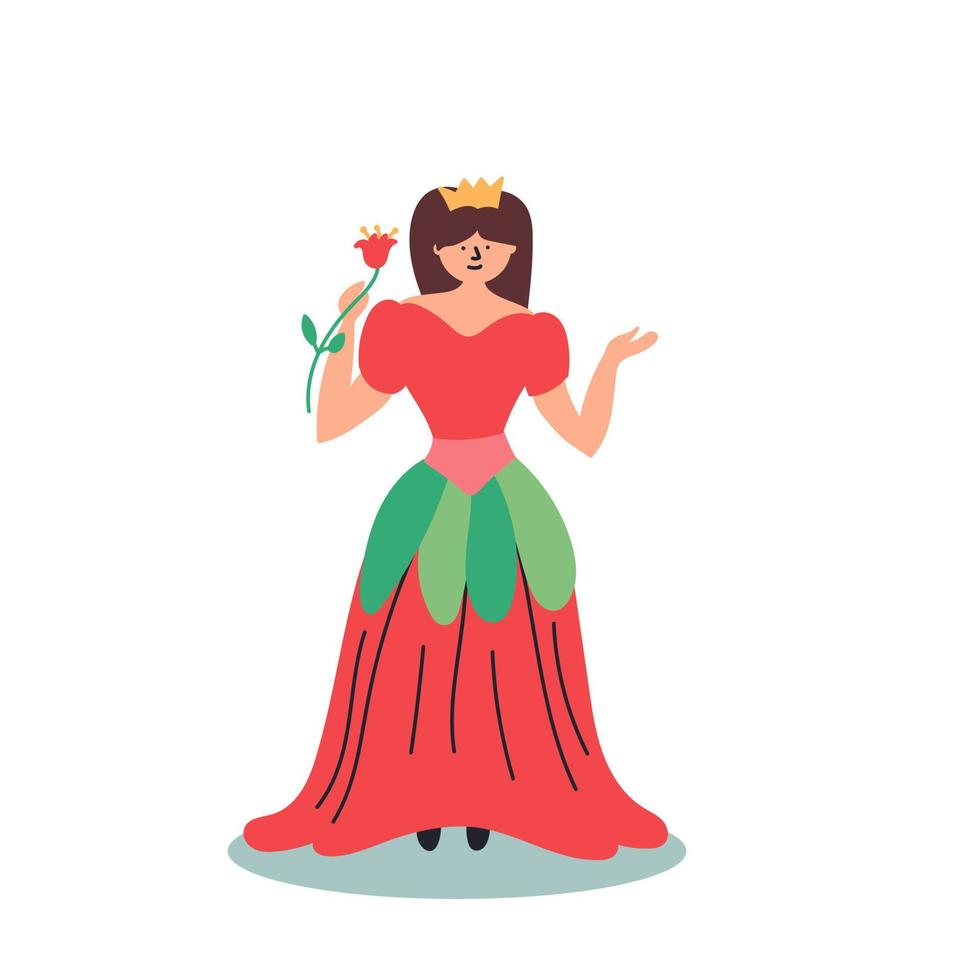 princesse de personnage de conte de fées avec une rose à la main. contes de fées vecteur