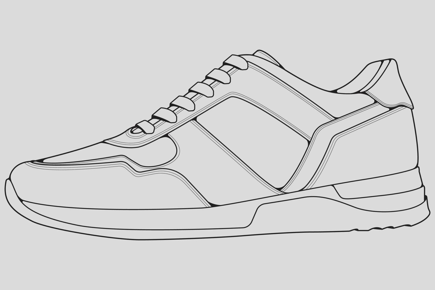 vecteur de dessin de contour de baskets de chaussures, baskets dessinées dans un style de croquis, contour de modèle de formateurs de baskets de ligne noire, illustration vectorielle.