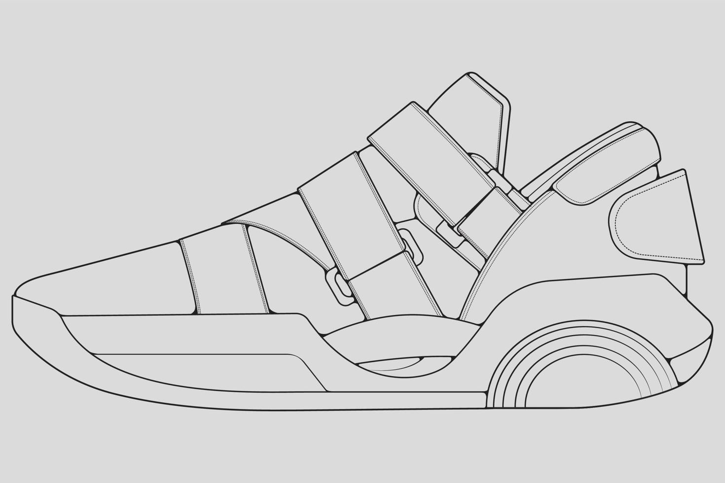 vecteur de dessin de contour de baskets de chaussures, baskets dessinées dans un style de croquis, contour de modèle de formateurs de baskets de ligne noire, illustration vectorielle.