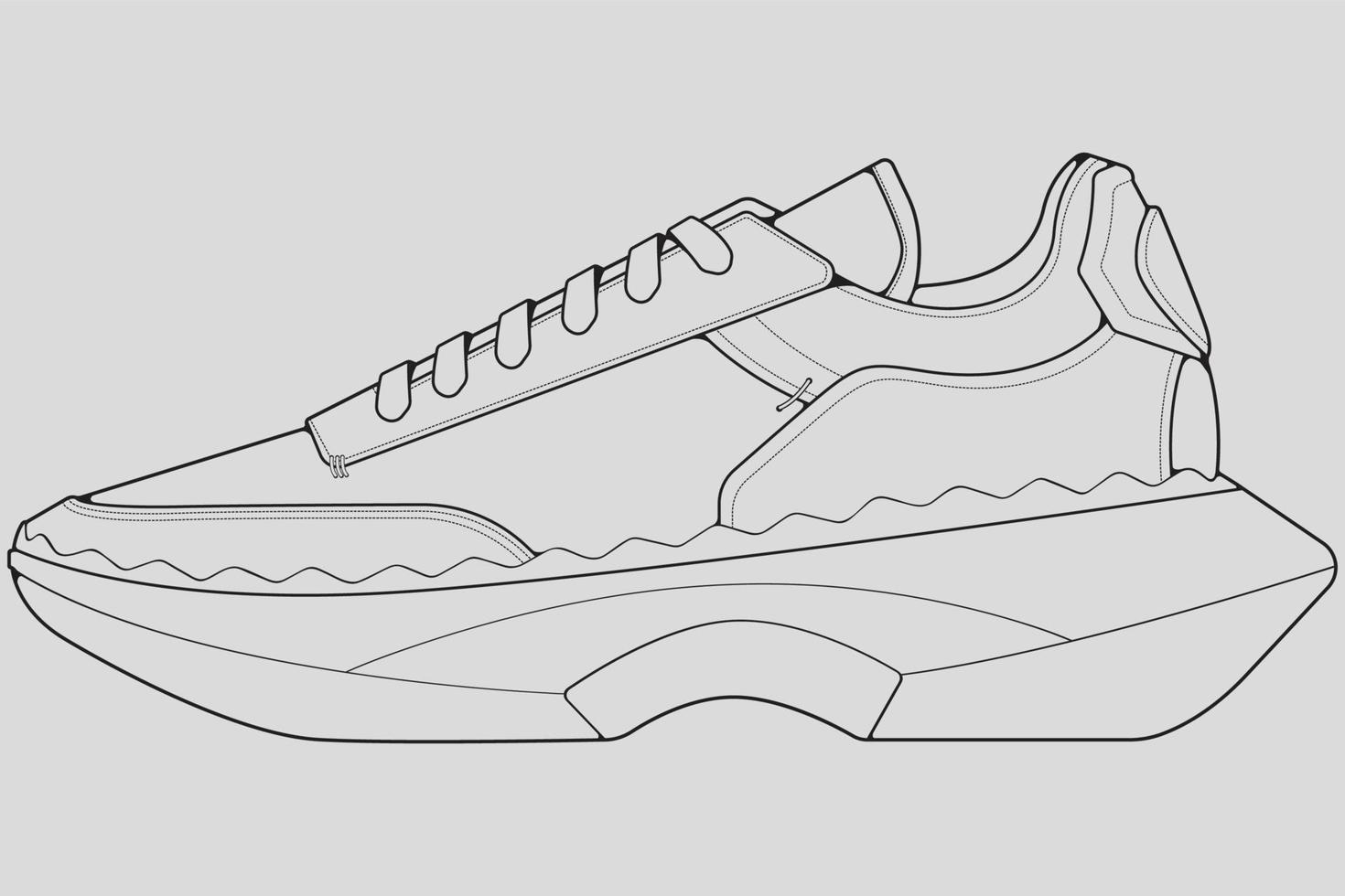 vecteur de dessin de contour de baskets de chaussures, baskets dessinées dans un style de croquis, contour de modèle de formateurs de baskets de ligne noire, illustration vectorielle.