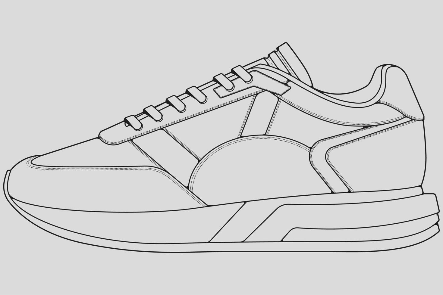 vecteur de dessin de contour de baskets de chaussures, baskets dessinées dans un style de croquis, contour de modèle de formateurs de baskets de ligne noire, illustration vectorielle.