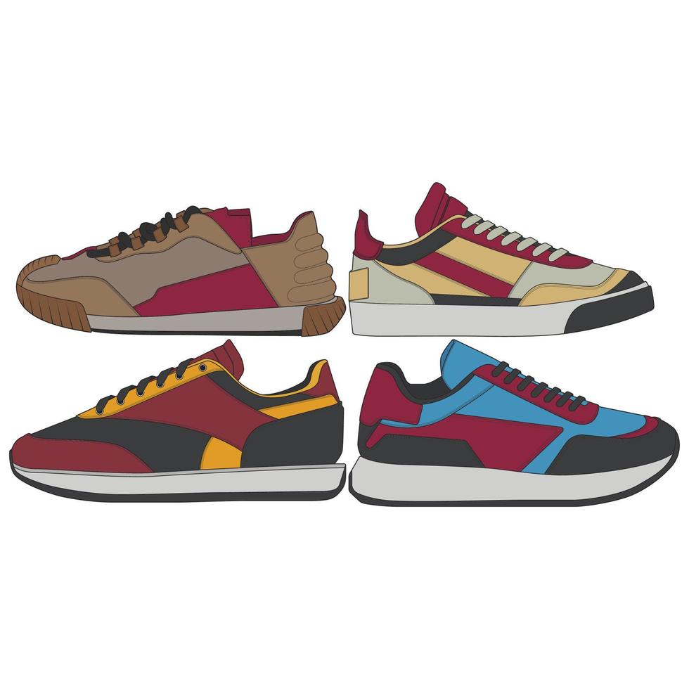 ensemble de baskets cool. vecteur de dessin de baskets de chaussures, baskets dessinées dans un style de croquis, modèle de baskets de baskets, collection de jeux. illustration vectorielle.