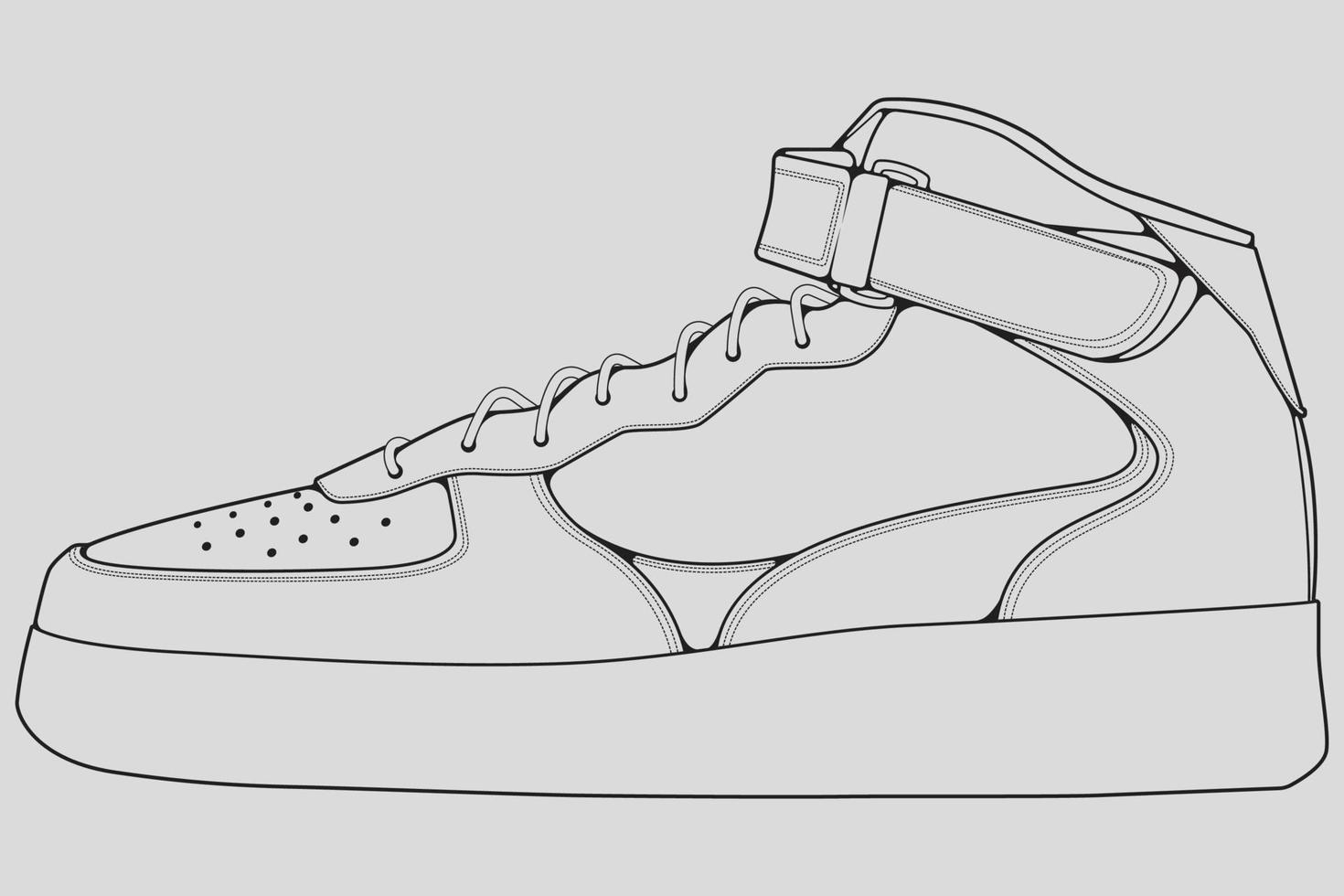 vecteur de dessin de contour de baskets de chaussures, baskets dessinées dans un style de croquis, contour de modèle de formateurs de baskets de ligne noire, illustration vectorielle.