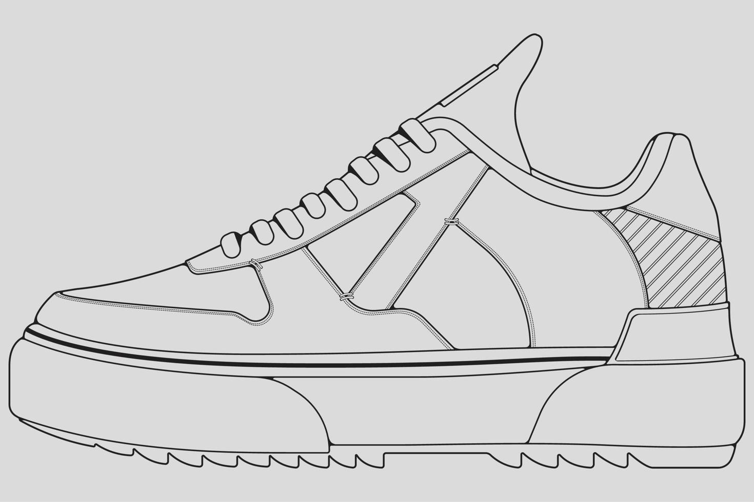 vecteur de dessin de contour de baskets de chaussures, baskets dessinées dans un style de croquis, contour de modèle de formateurs de baskets de ligne noire, illustration vectorielle.