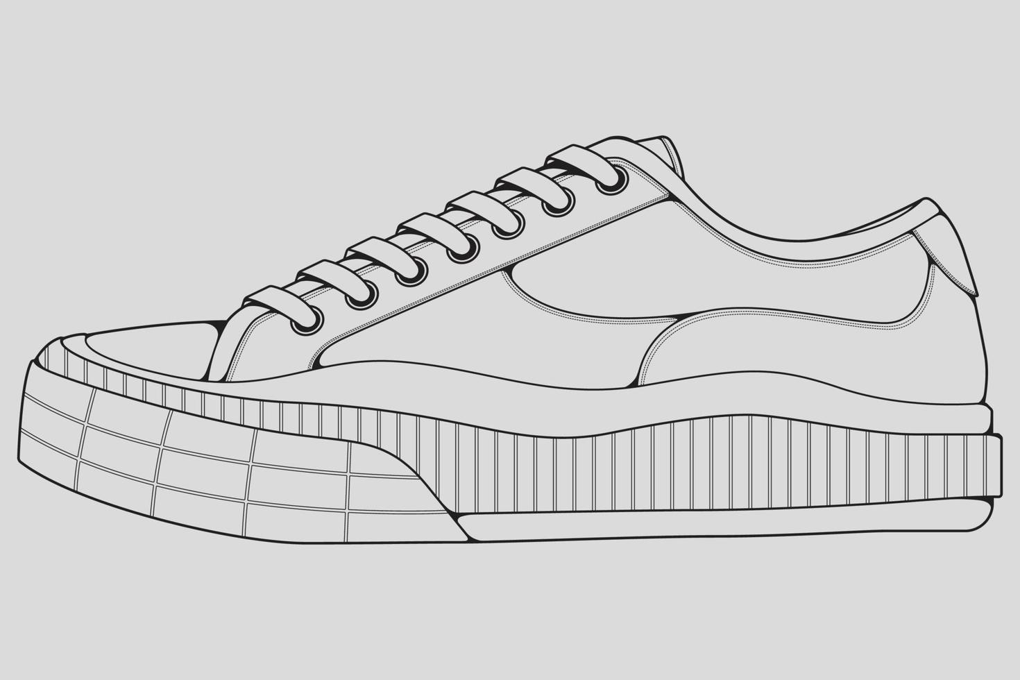 vecteur de dessin de contour de baskets de chaussures, baskets dessinées dans un style de croquis, contour de modèle de formateurs de baskets de ligne noire, illustration vectorielle.