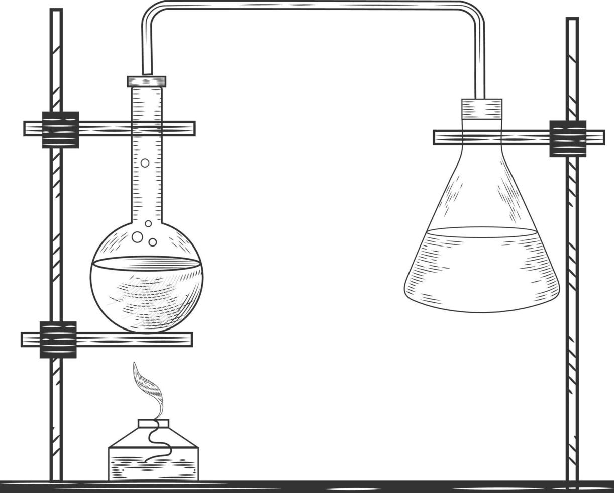 croquis d'une expérience et d'un équipement de laboratoire de physique ou de chimie. flacons en verre pharmaceutiques vectoriels, béchers et tubes à essai dans l'ancien style de gravure. vecteur