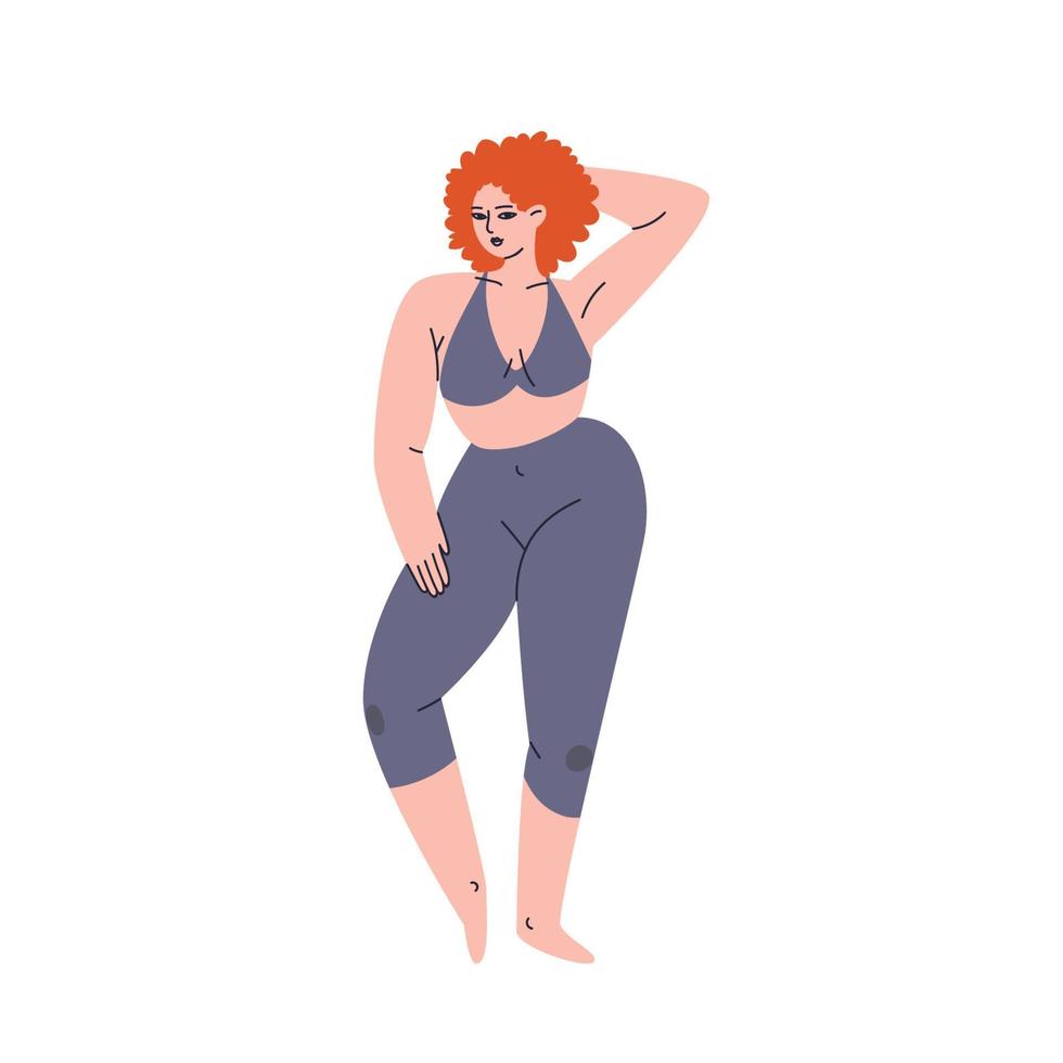 fille rousse avec un survêtement serré. une jeune femme potelée se tient dans des leggings et un haut avec sa main derrière la tête. illustration de stock de vecteur isolé.