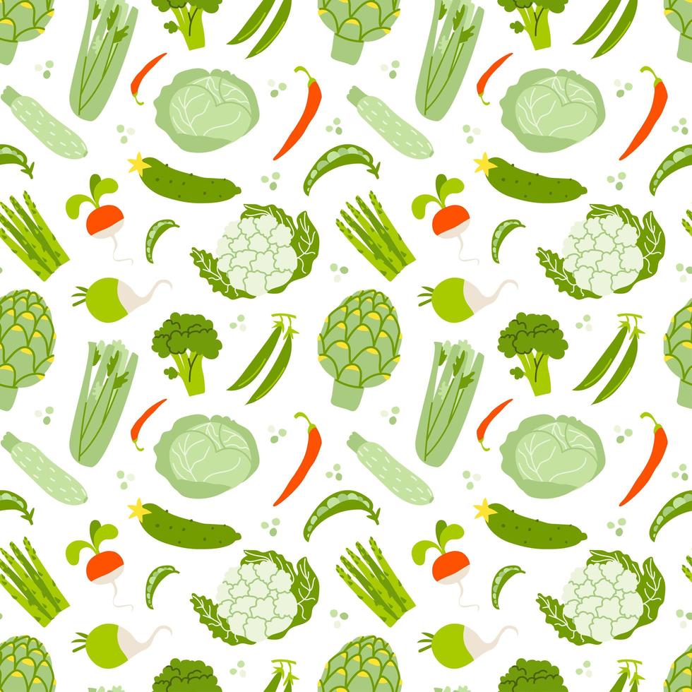 modèle sans couture avec des légumes sur fond blanc. un motif de légumes verts biologiques frais et quelques rouges isolés. illustration vectorielle stock de fond d'épicerie. vecteur