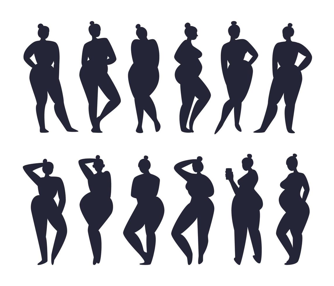 collection de silhouettes noires de femmes nues dans diverses poses, avec téléphone, enceintes. ensemble de figures féminines avec la même coiffure debout sur 2 rangées. illustration de stock de vecteur isolé noir sur blanc.