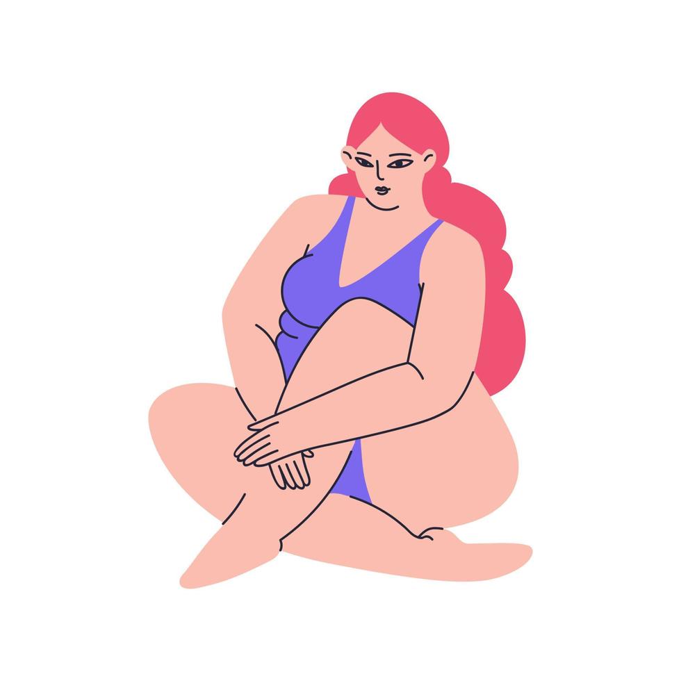 aime ton corps. une jeune femme de taille plus aux longs cheveux roses est assise, les genoux pressés contre sa poitrine, les jambes entrelacées. une fille en maillot de bain une pièce bleu. illustration vectorielle de stock isolé. vecteur