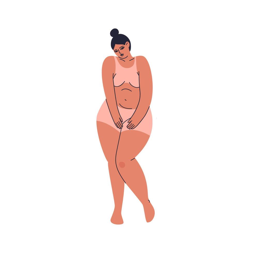 dessin animé timide plus fille de taille en lingerie. une jeune femme se tient en sous-vêtements rosés, se fermant. figure dodue féminine isolée. illustration de stock de vecteur isolé sur fond blanc.