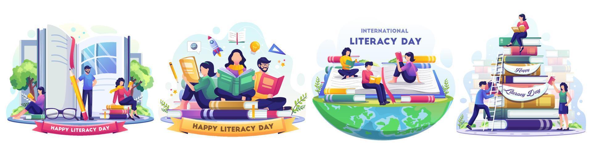 ensemble de concept de journée internationale de l'alphabétisation avec des gens célèbrent la journée de l'alphabétisation en lisant des livres. illustration vectorielle de style plat vecteur