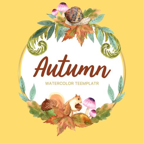 Cadre de couronne de saison d&#39;automne avec des feuilles et des animaux. Cartes de voeux automne parfait pour imprimer, invitation, modèle, conception créative illustration vectorielle aquarelle vecteur