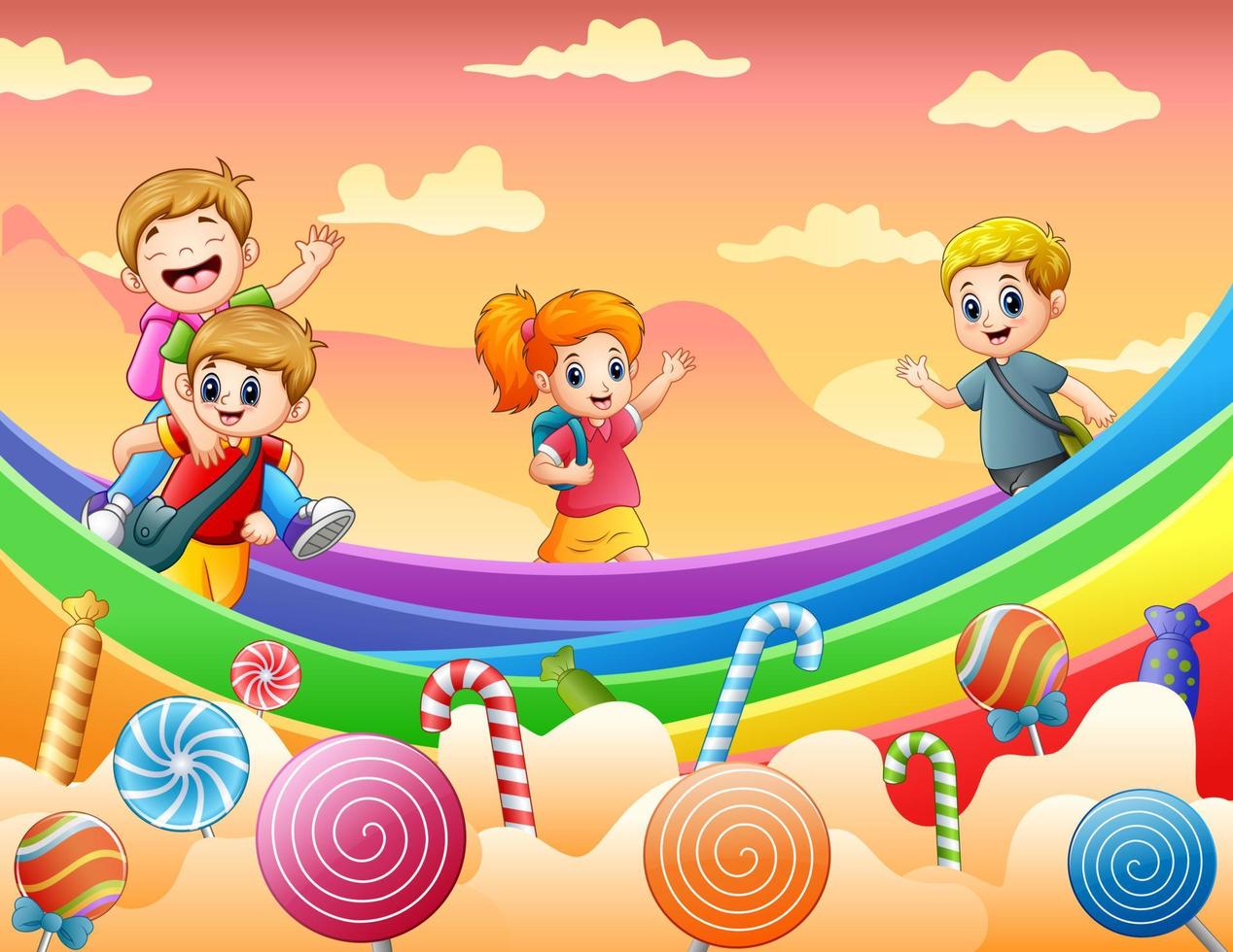 enfants heureux jouant sur une illustration de terre de bonbons vecteur