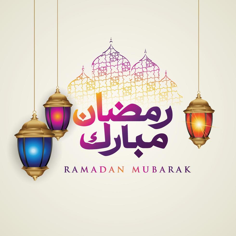 design luxueux et élégant ramadan kareem avec calligraphie arabe, lanterne traditionnelle et mosquée de porte colorée de gradation pour les salutations islamiques vecteur