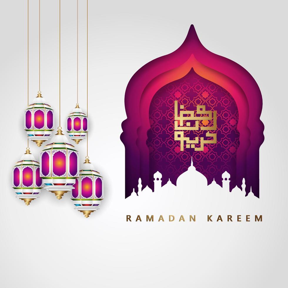 design luxueux et élégant ramadan kareem avec calligraphie arabe, lanterne traditionnelle et mosquée de porte colorée de gradation pour les salutations islamiques vecteur