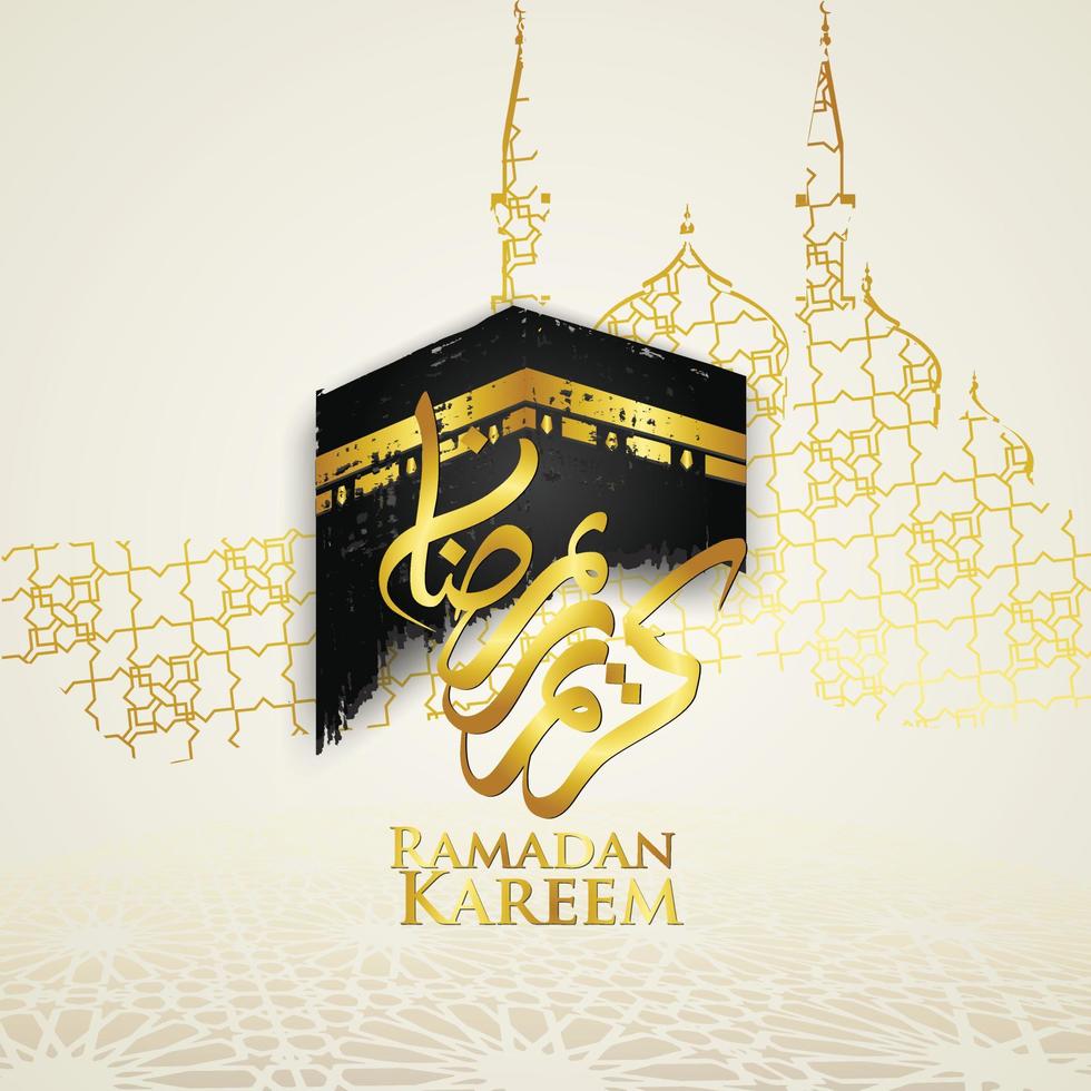 design luxueux ramadan kareem avec calligraphie arabe, croissant de lune, lanterne traditionnelle et texture de motif de mosquée fond islamique. illustration vectorielle. vecteur