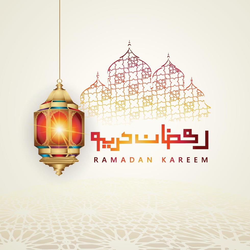 design luxueux et élégant ramadan kareem avec calligraphie arabe, lanterne traditionnelle et mosquée de porte colorée de gradation pour les salutations islamiques vecteur