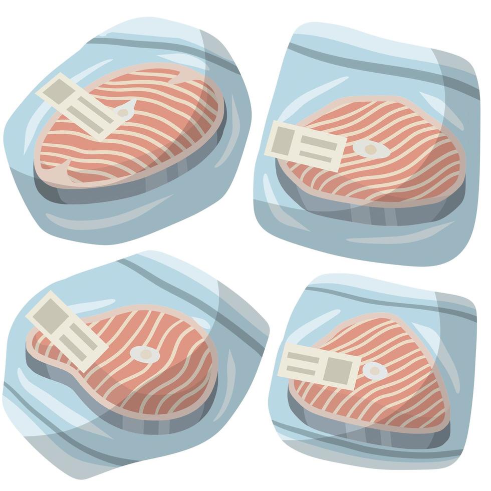 fruits de mer et viande en paquet. illustration plate de dessin animé. vecteur