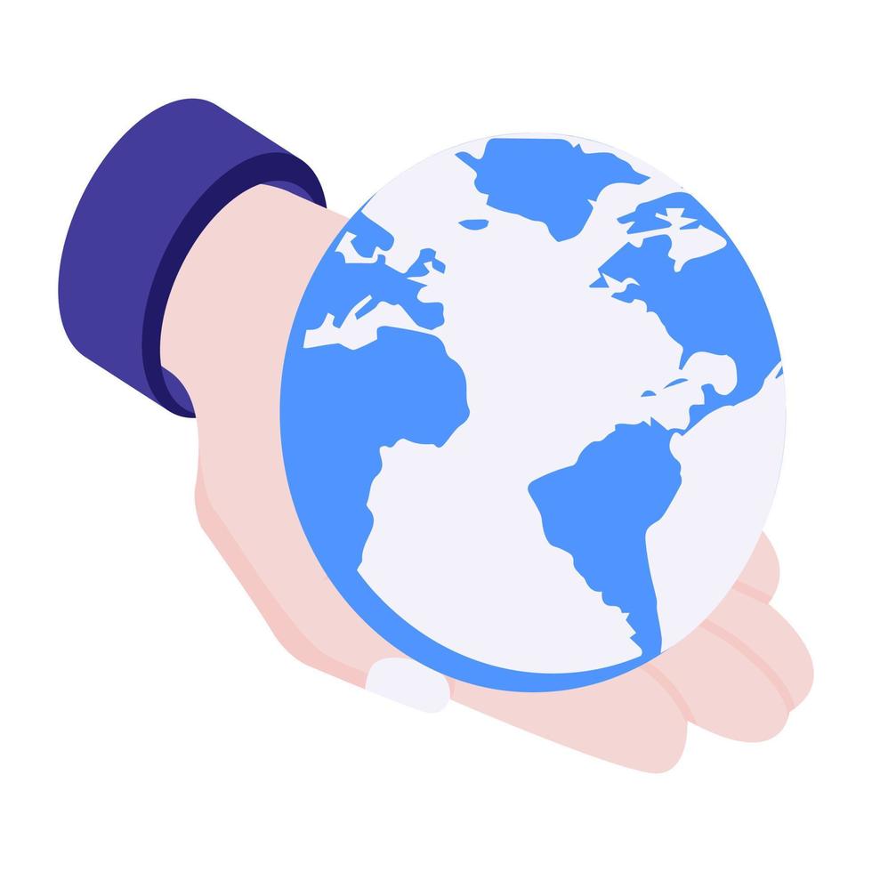 icône isométrique de soins mondiaux, globe à la main vecteur