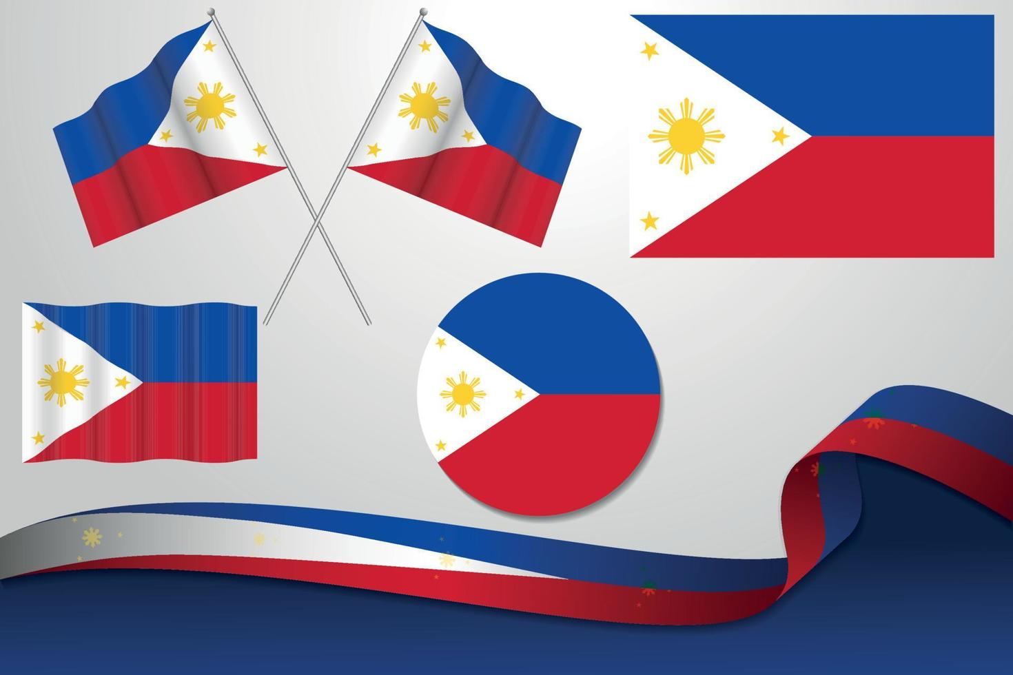 ensemble de drapeaux philippins dans différentes conceptions icône écorchant des drapeaux avec ruban avec arrière-plan. vecteur