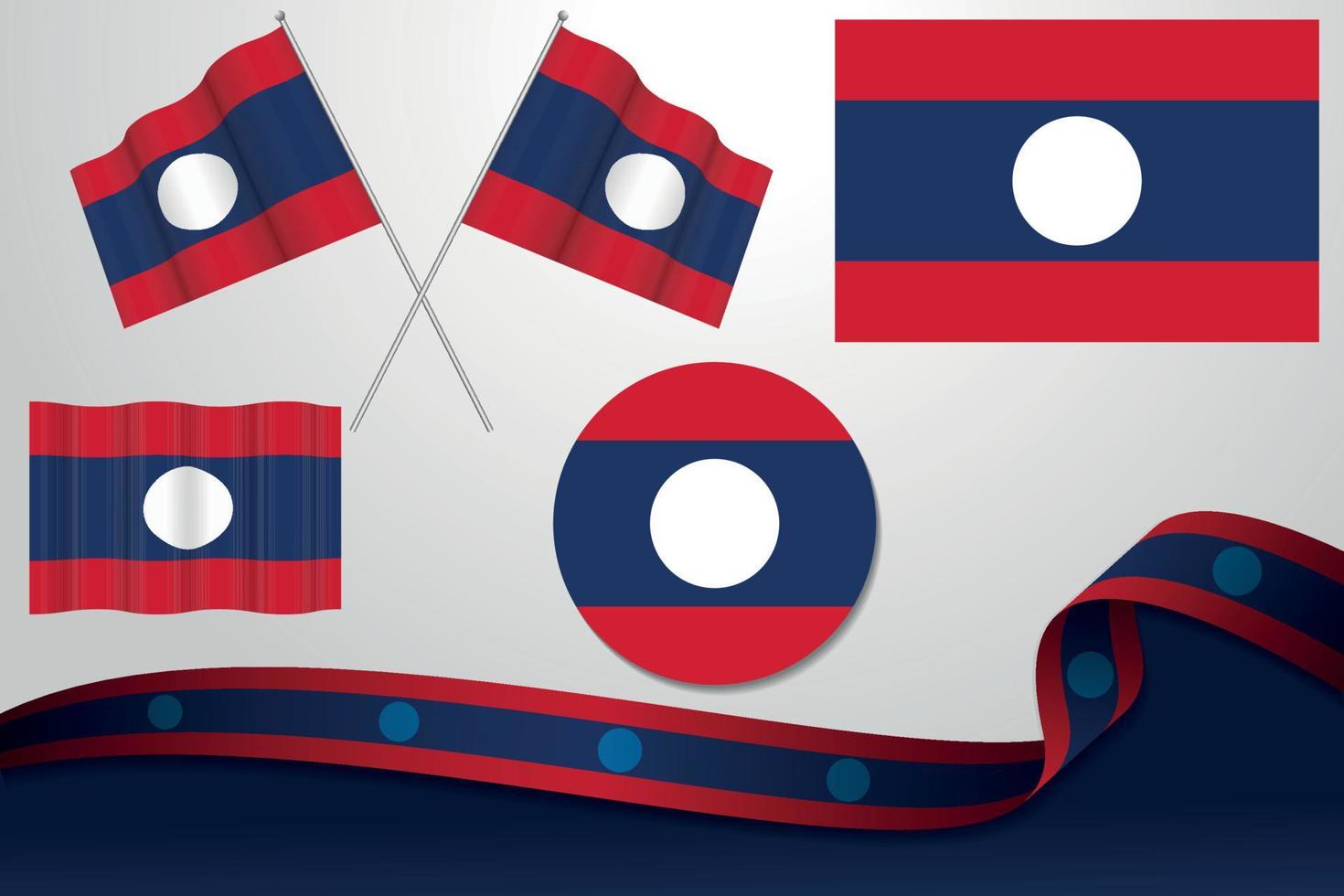 ensemble de drapeaux du laos dans différentes conceptions icône écorchant des drapeaux avec ruban avec arrière-plan. vecteur