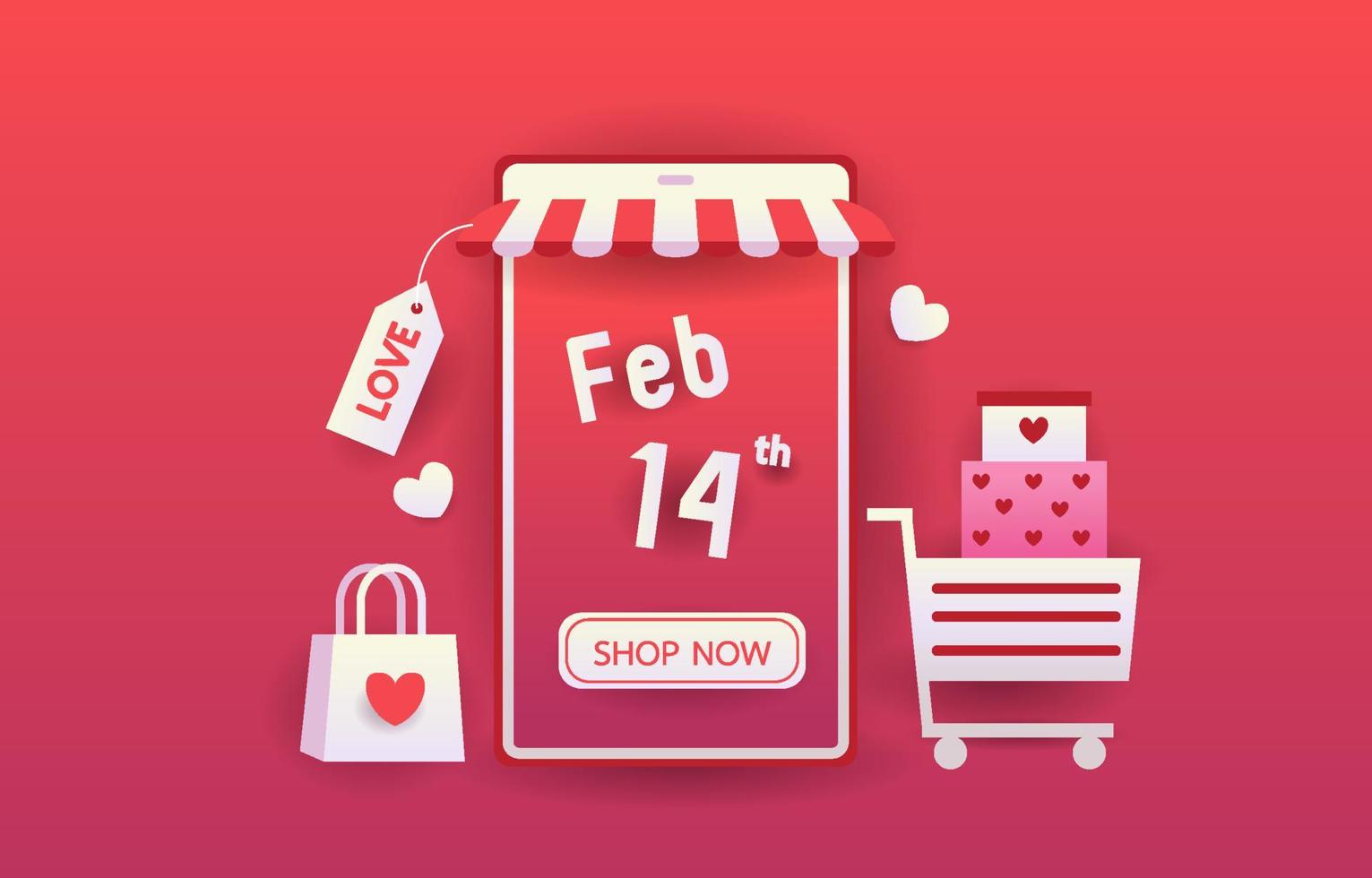 boutique en ligne dans le concept de l'amour ou de la saint-valentin.téléphones mobiles, coeurs, chariot, lettre d'amour et coffrets cadeaux représentent l'amour sur fond rose.application shopping dans le smartphone. conception pour bannière, publicité, web. vecteur