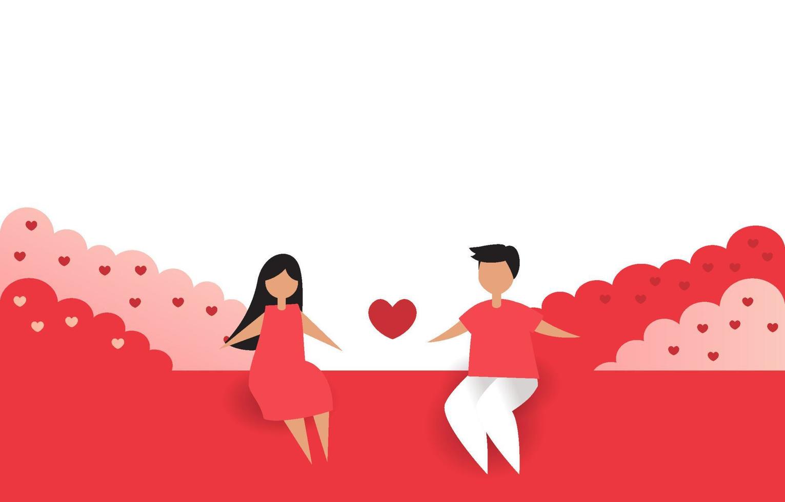 couple assis ensemble. le vecteur d'illustration a un espace de copie. concept d'amour ou de saint valentin. buisson décoré de forme de coeur. fond rose et rouge. conception pour carte, bannière, web.