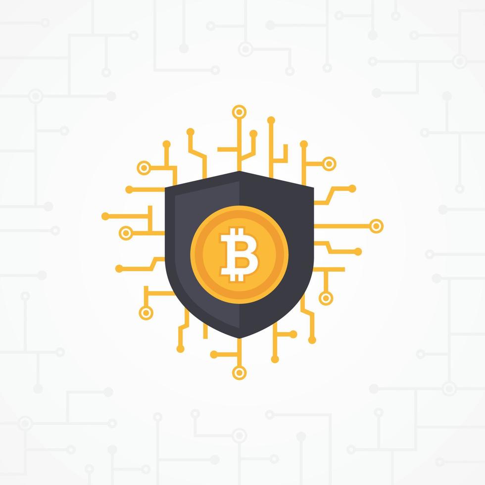 concept de vecteur plat de sécurité bitcoin. sécurité numérique bitcoin avec circuit imprimé sur fond blanc. illustration vectorielle de crypto monnaie