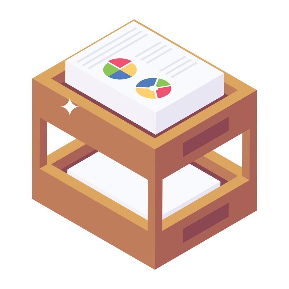 une petite table en bois avec rapport d'analyse commerciale, icône isométrique du rack de bureau vecteur