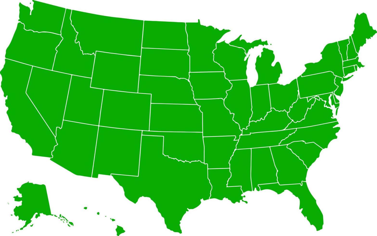 carte des états-unis d'amérique de couleur verte. carte politique des états-unis. vecteur