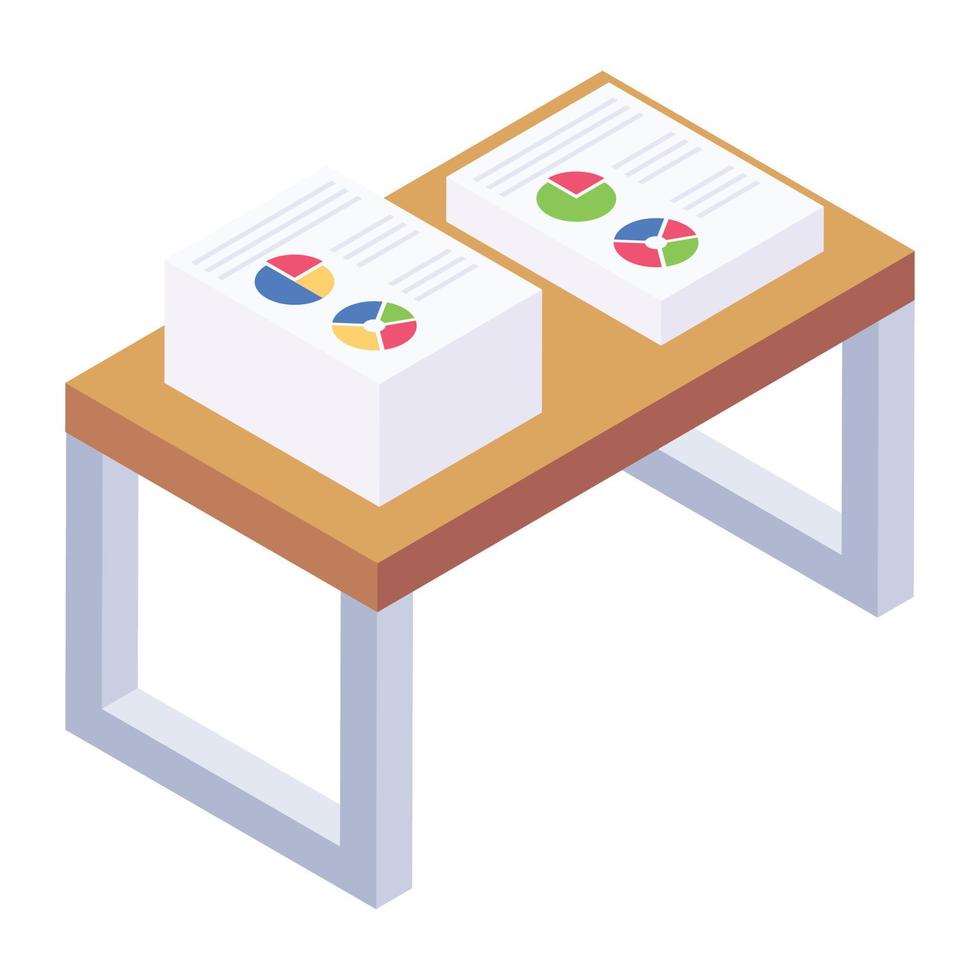 une table en bois avec rapport d'analyse d'entreprise, icône isométrique de la table de bureau vecteur