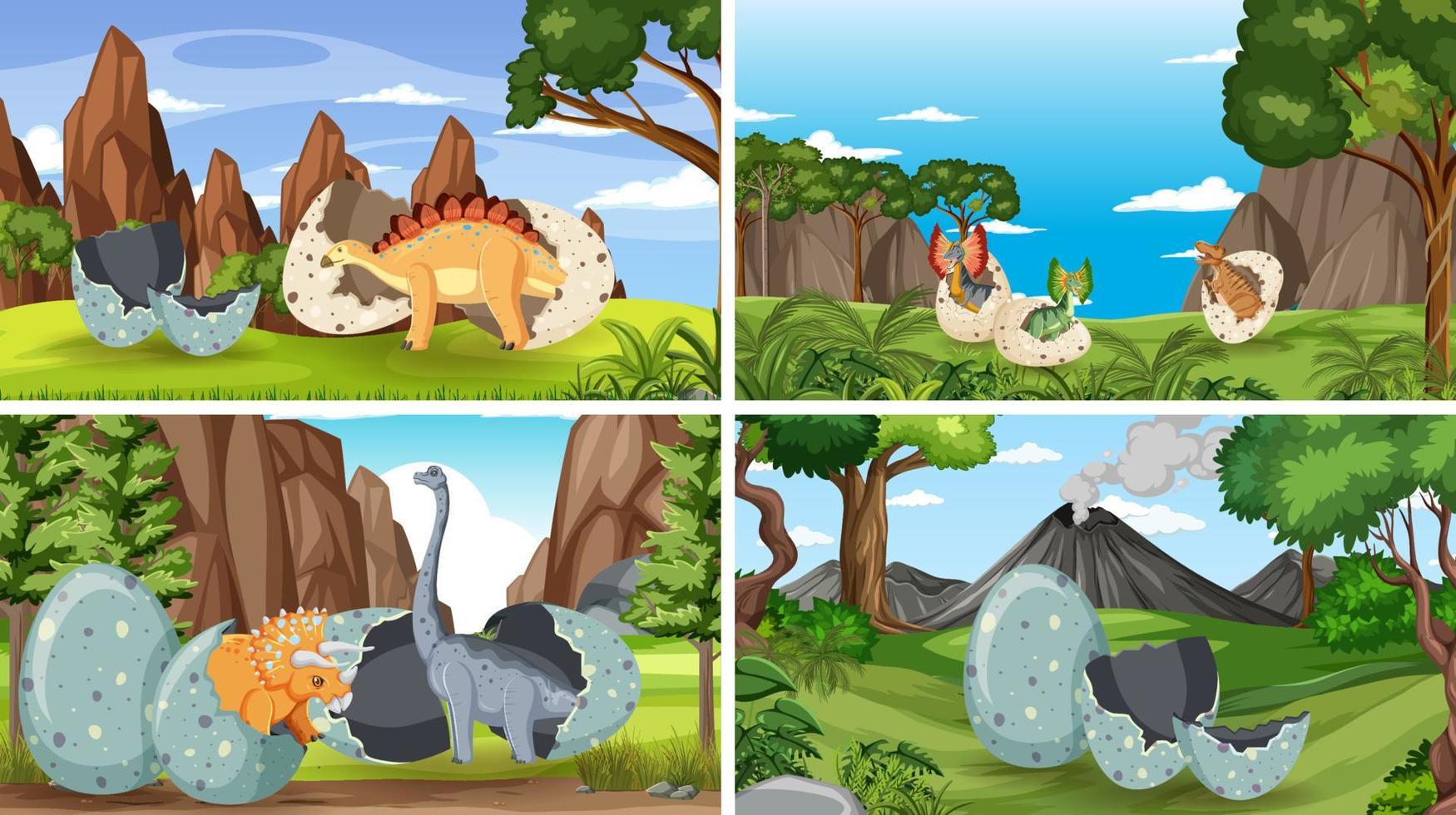 quatre scènes avec des dinosaures en train d'éclore vecteur