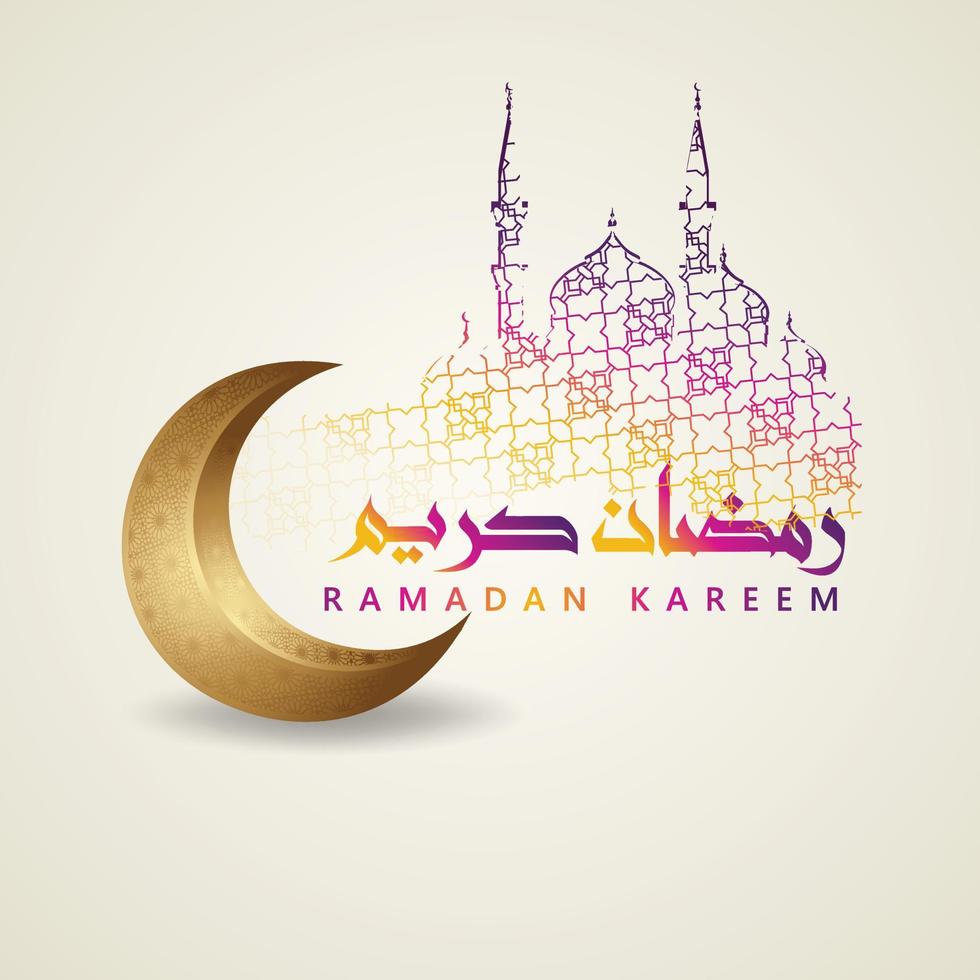 design luxueux et élégant ramadan kareem avec calligraphie arabe, lanterne traditionnelle et mosquée de porte colorée de gradation pour les salutations islamiques vecteur