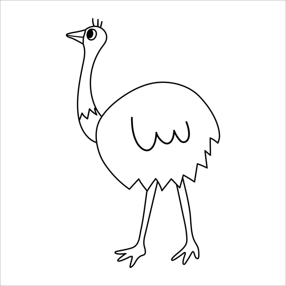 icône d'autruche de vecteur noir et blanc isolé sur fond blanc. illustration de ligne d'oiseau africain mignon pour les enfants