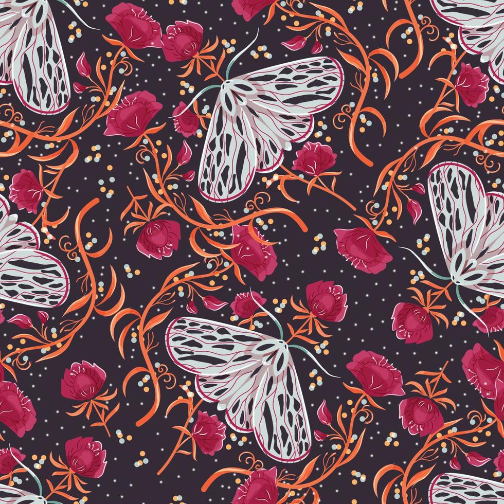 papillon et motifs floraux, motif sans couture. illustration vectorielle plane colorée avec papillon de nuit, fleurs, éléments floraux et étoiles. vecteur