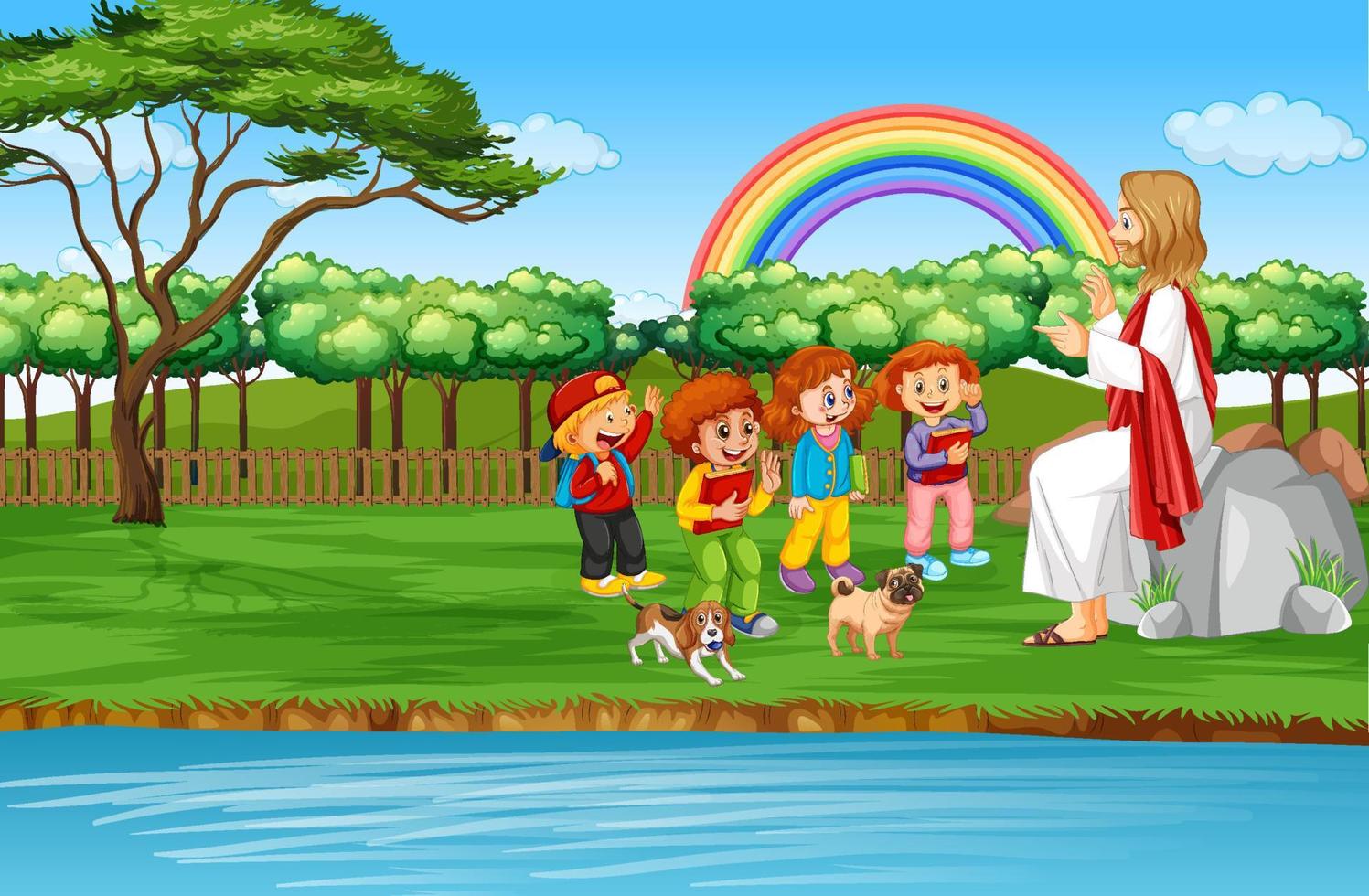 Jésus et les enfants au parc vecteur