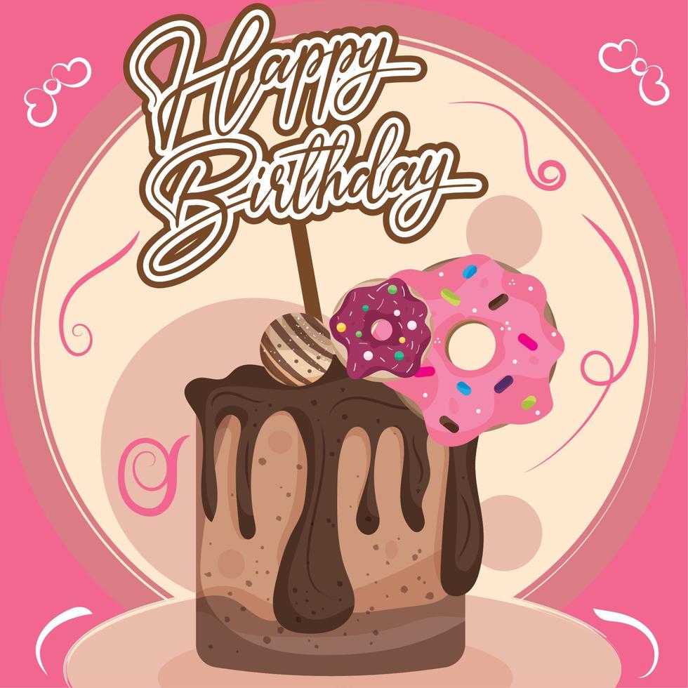 gâteau au chocolat de carte d'anniversaire rose avec le vecteur de beignets